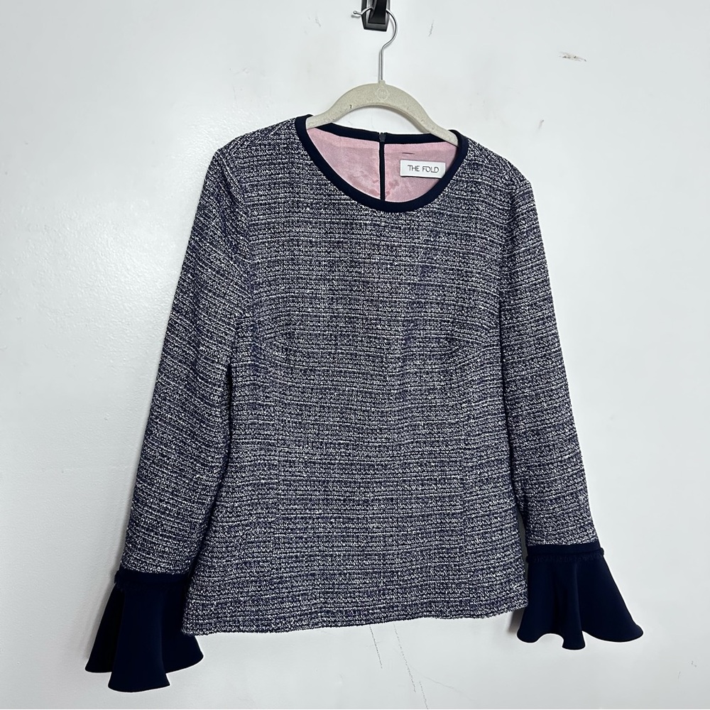 The Fold London Tweed Bell Sleeve Top Navy White Size 12